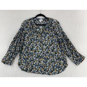 J. Jill Petites‎ Blue Floral Print Button-Up Shirt Womens V-Neck Size PXL
